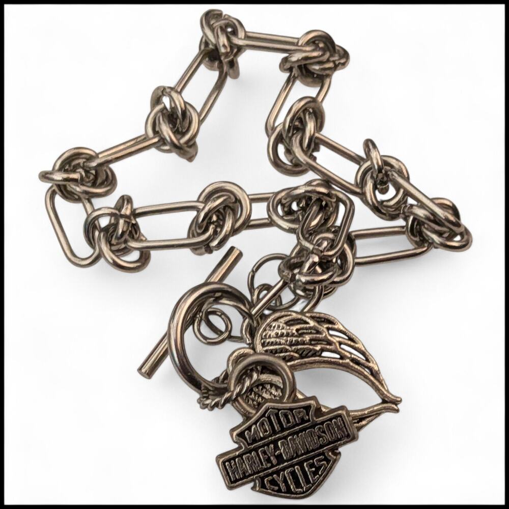 HARLEY DAVIDSON Bar & Shield + Wings Charm Bracelet Stainless Steel Chain Biker